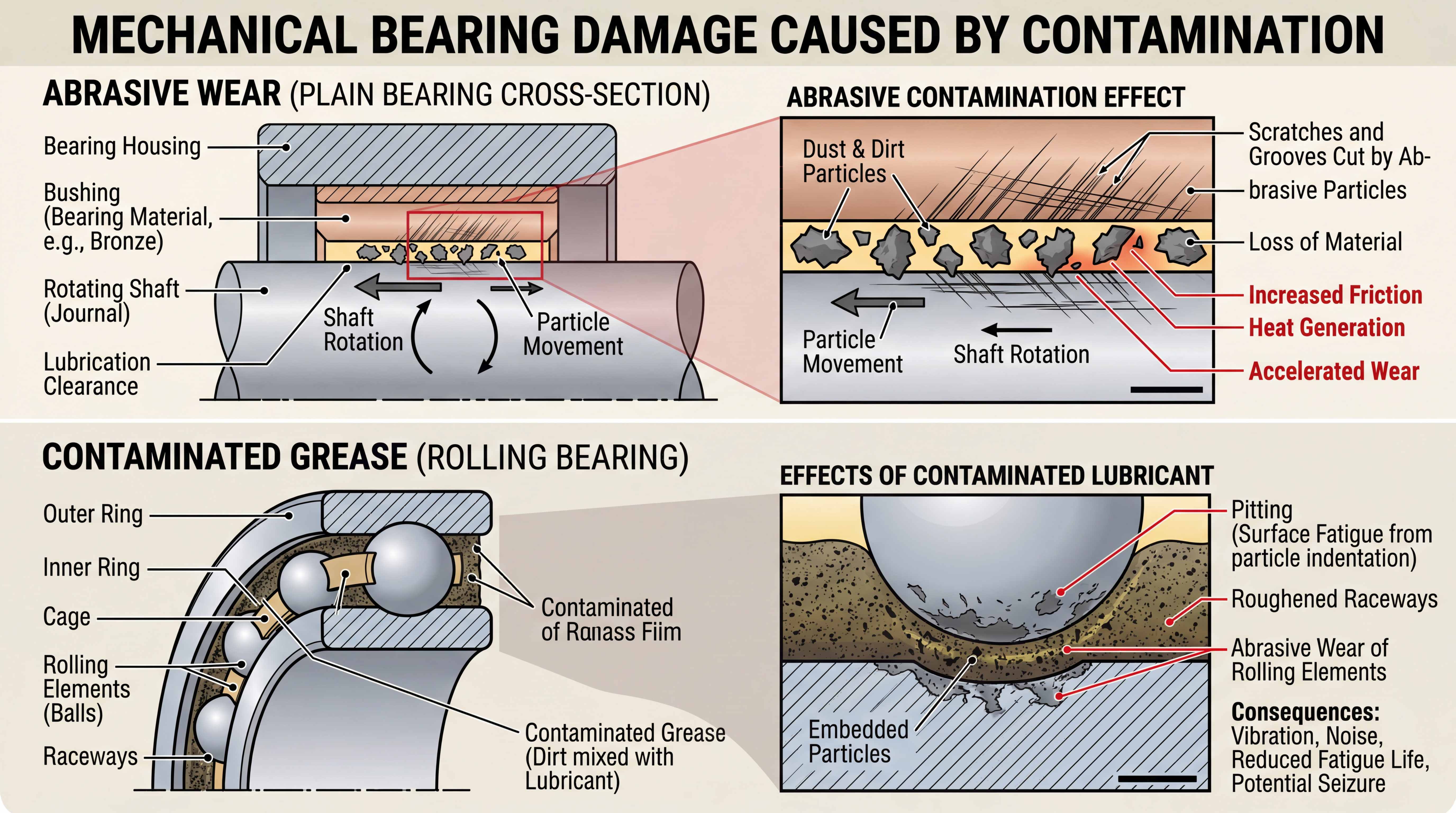 Mechanical bearing damage caused by contamination showing abrasive wear in plain bearings, contaminated grease in rolling bearings, scratches, grooves, heat generation, and accelerated wear